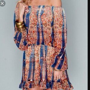 Show Me Your Mumu Dress Womens M Mini Ruffle Boho Print‎ Festival Off Shoulder